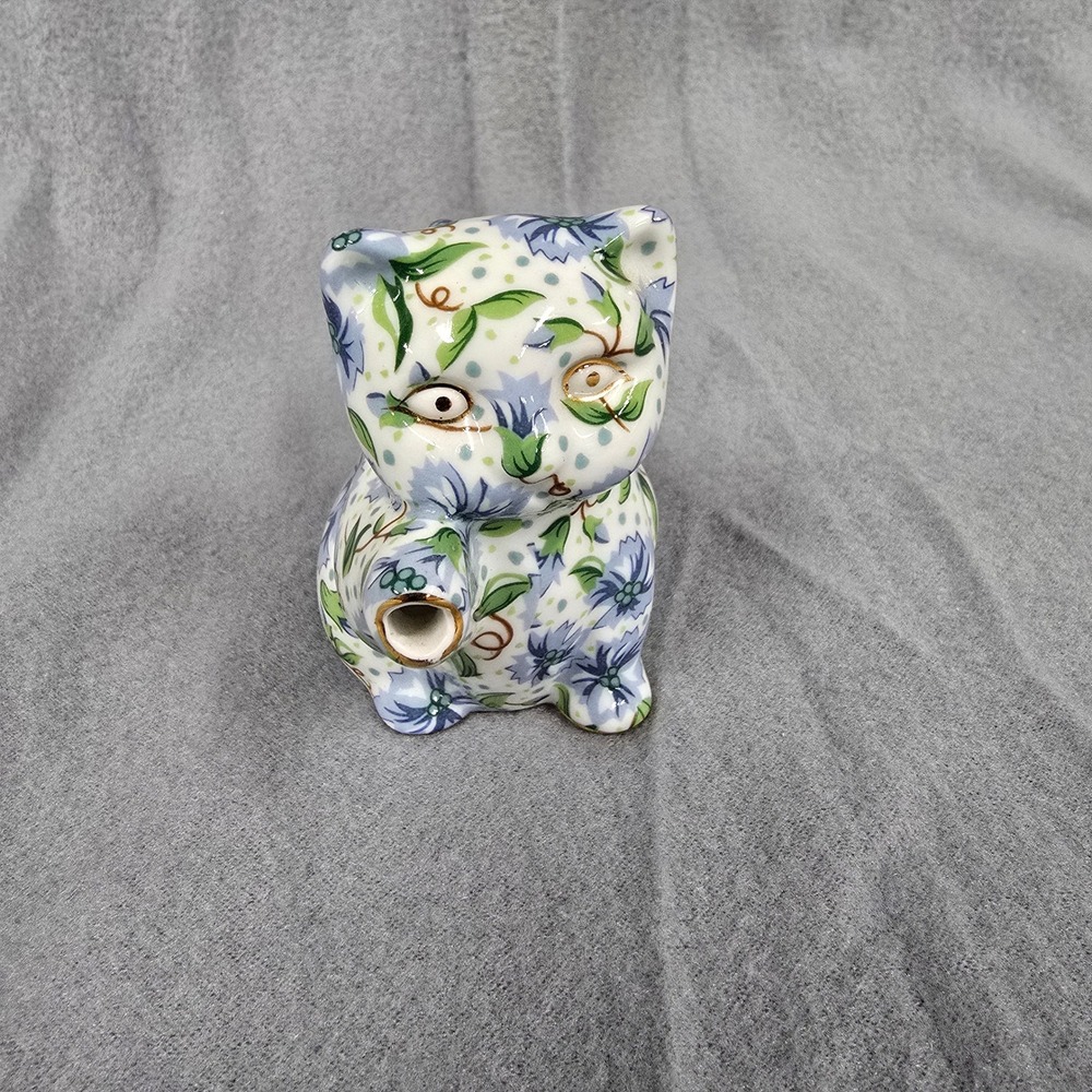 Vintage Two's Company Ainsley Chintz Cat Creamer Pitcher Blue Flowered Gold Trim
